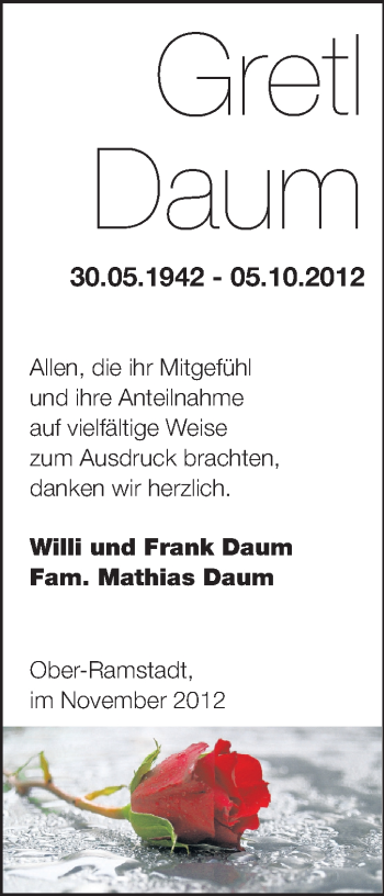 Traueranzeige von Gretl
 Daum von Echo-Zeitungen (Gesamtausgabe)