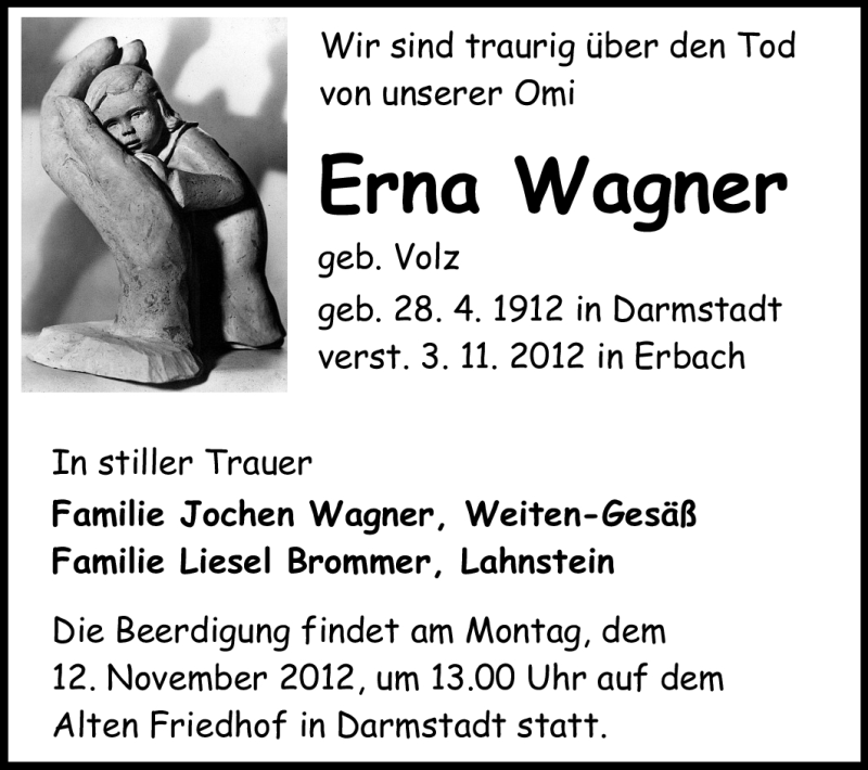  Traueranzeige für Erna Wagner vom 07.11.2012 aus Echo-Zeitungen (Gesamtausgabe)