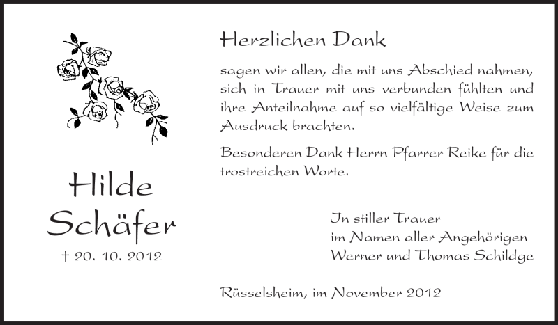  Traueranzeige für Hilde Schäfer vom 07.11.2012 aus Rüsselsheimer Echo, Groß-Gerauer-Echo, Ried Echo