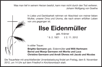 Traueranzeige von Ilse Eidenmüller von Odenwälder Echo