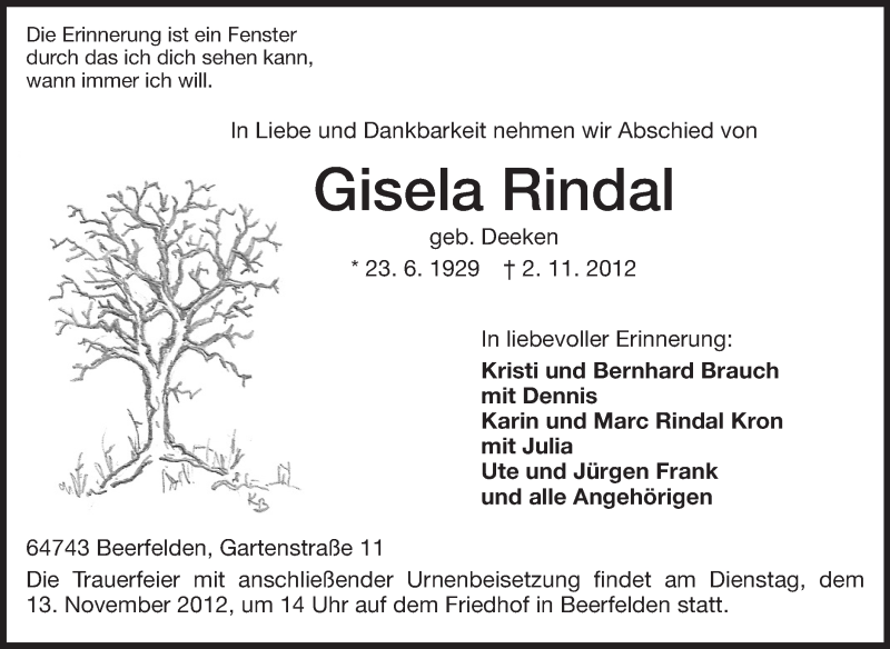  Traueranzeige für Gisela Rindal vom 10.11.2012 aus Odenwälder Echo