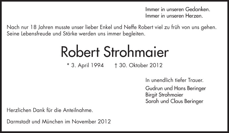  Traueranzeige für Robert Strohmaier vom 10.11.2012 aus Echo-Zeitungen (Gesamtausgabe)