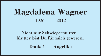Traueranzeige von Magdalena Wagner von Rüsselsheimer Echo, Groß-Gerauer-Echo, Ried Echo