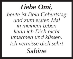 Traueranzeige von Liebe Omi  von Rüsselsheimer Echo, Groß-Gerauer-Echo, Ried Echo