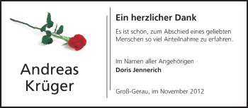 Traueranzeige von Andreas Krüger von Rüsselsheimer Echo, Groß-Gerauer-Echo, Ried Echo