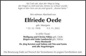 Traueranzeige von Elfriede Oede von Rüsselsheimer Echo, Groß-Gerauer-Echo, Ried Echo