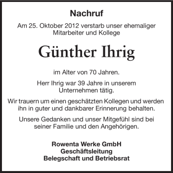 Traueranzeige von Günther Ihrig von Odenwälder Echo