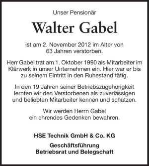 Traueranzeige von Walter Gabel von Echo-Zeitungen (Gesamtausgabe)