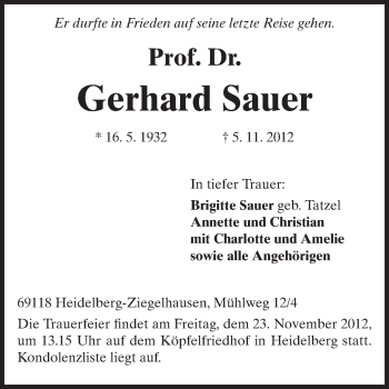 Traueranzeige von Gerhard Sauer von Odenwälder Echo