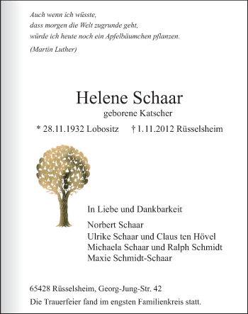 Traueranzeige von Helene Schaar von Rüsselsheimer Echo, Groß-Gerauer-Echo, Ried Echo