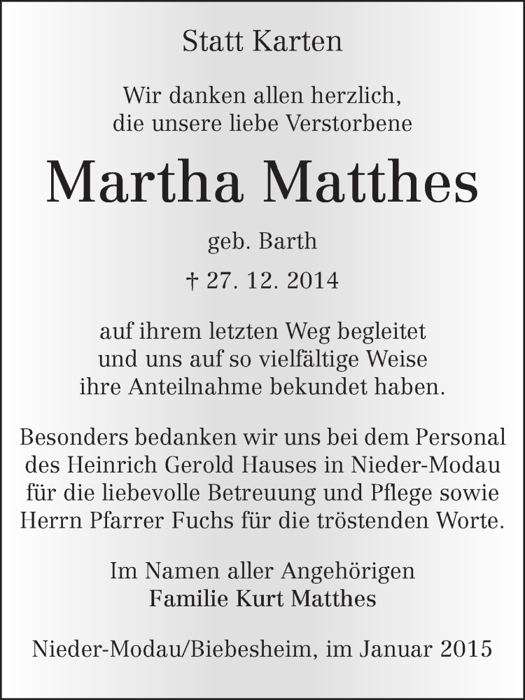  Traueranzeige für Martha Matthes vom 31.01.2015 aus Echo-Zeitungen (Gesamtausgabe)