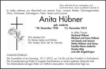 Traueranzeige von Anita Hübner von Odenwälder Echo