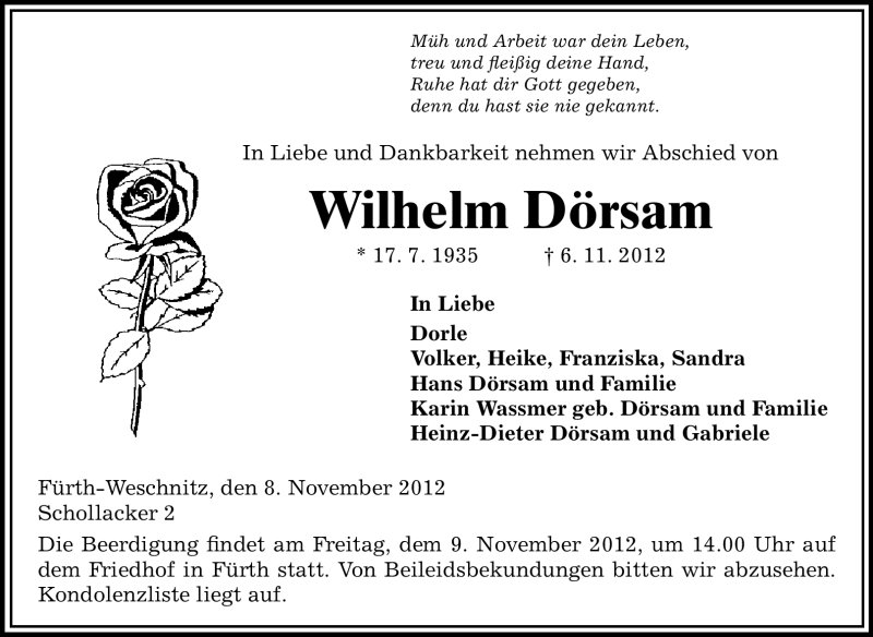  Traueranzeige für Wilhelm Dörsam vom 08.11.2012 aus Starkenburger Echo