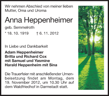 Traueranzeige von Anna Heppenheimer von Echo-Zeitungen (Gesamtausgabe)