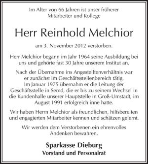 Traueranzeige von Reinhold Melchior von Echo-Zeitungen (Gesamtausgabe)