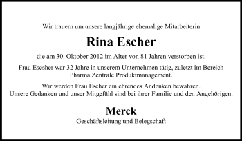 Traueranzeige von Rina Escher von Echo-Zeitungen (Gesamtausgabe)
