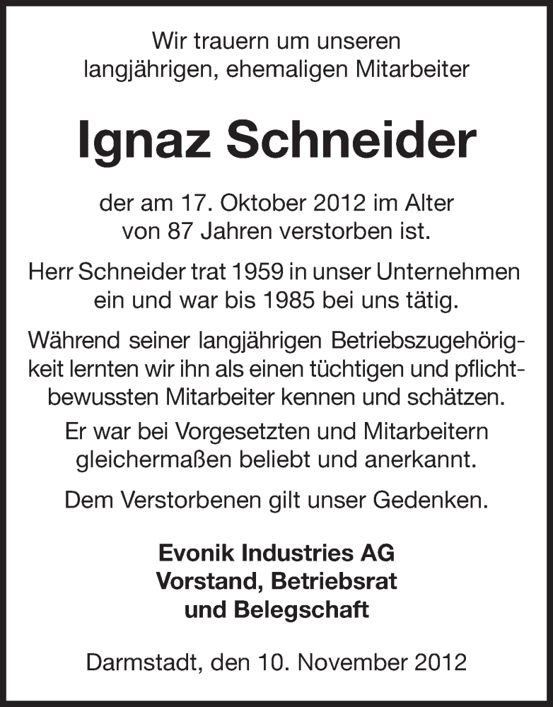  Traueranzeige für Ignaz Schneider vom 10.11.2012 aus Echo-Zeitungen (Gesamtausgabe)