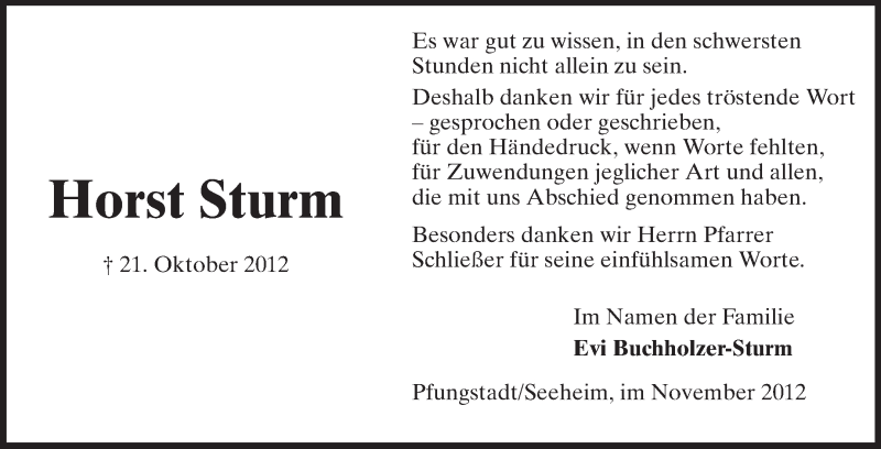  Traueranzeige für Horst Sturm vom 10.11.2012 aus Echo-Zeitungen (Gesamtausgabe)