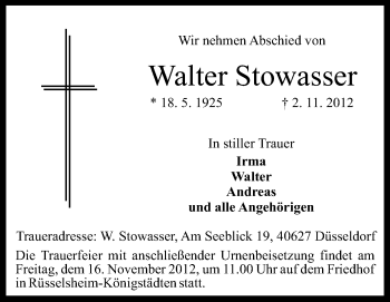 Traueranzeige von Walter Stowasser von Rüsselsheimer Echo, Groß-Gerauer-Echo, Ried Echo