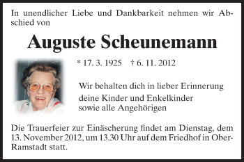 Traueranzeige von Auguste Scheunemann von Echo-Zeitungen (Gesamtausgabe)