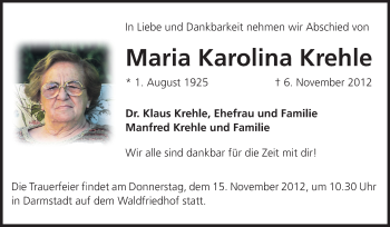Traueranzeige von Maria Karolina Krehle von Echo-Zeitungen (Gesamtausgabe)