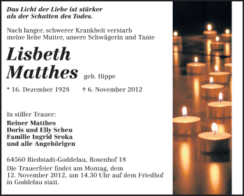 Traueranzeige von Lisbeth Matthes von Rüsselsheimer Echo, Groß-Gerauer-Echo, Ried Echo