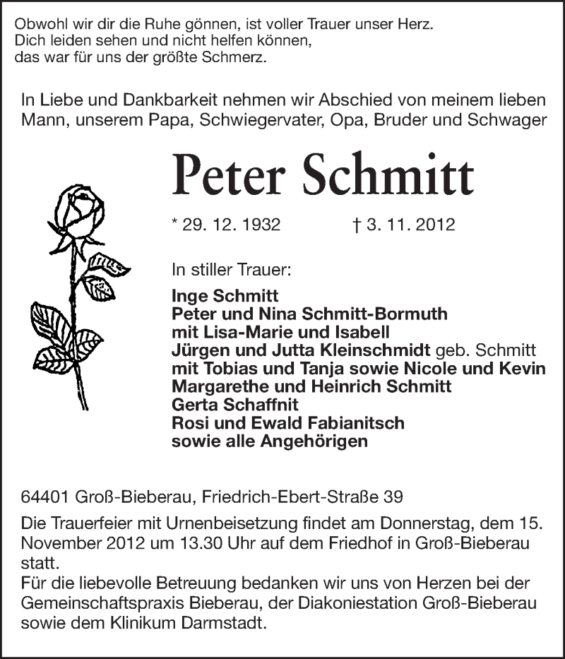 Traueranzeige für Peter Schmitt vom 10.11.2012 aus Echo-Zeitungen (Gesamtausgabe)