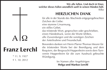 Traueranzeige von Franz Lerchl von Starkenburger Echo