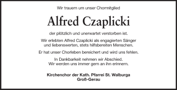 Traueranzeige von Alfred Czaplicki von Rüsselsheimer Echo, Groß-Gerauer-Echo, Ried Echo