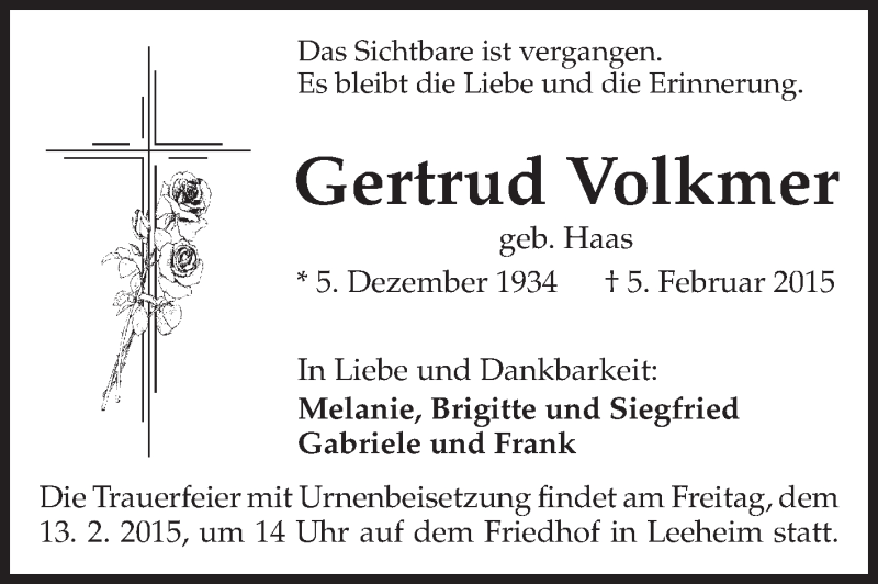  Traueranzeige für Gertrud Volkmer vom 11.02.2015 aus Rüsselsheimer Echo, Groß-Gerauer-Echo, Ried Echo