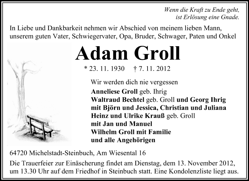  Traueranzeige für Adam Groll vom 10.11.2012 aus Odenwälder Echo