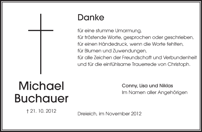  Traueranzeige für Michael Buchauer vom 10.11.2012 aus Echo-Zeitungen (Gesamtausgabe)