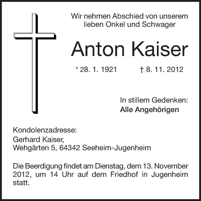  Traueranzeige für Anton Kaiser vom 10.11.2012 aus Echo-Zeitungen (Gesamtausgabe)