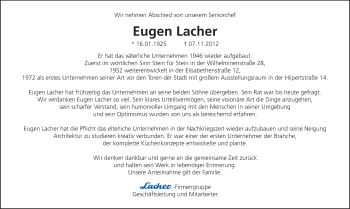 Traueranzeige von Lacher Eugen von Darmstädter Echo, Odenwälder Echo, Rüsselsheimer Echo, Groß-Gerauer-Echo, Ried Echo