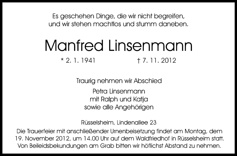  Traueranzeige für Manfred Linsenmann vom 10.11.2012 aus Rüsselsheimer Echo, Groß-Gerauer-Echo, Ried Echo