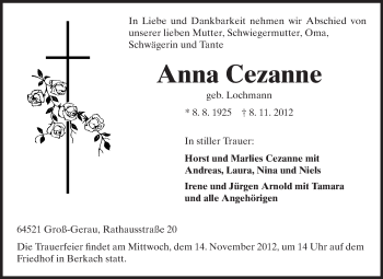Traueranzeige von Anna Cezanne von Rüsselsheimer Echo, Groß-Gerauer-Echo, Ried Echo