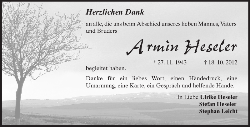  Traueranzeige für Armin Heseler vom 10.11.2012 aus Rüsselsheimer Echo, Groß-Gerauer-Echo, Ried Echo