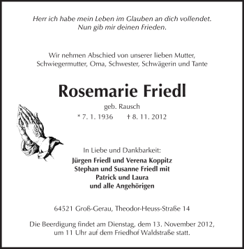 Traueranzeige von Rosemarie Friedl von Rüsselsheimer Echo, Groß-Gerauer-Echo, Ried Echo