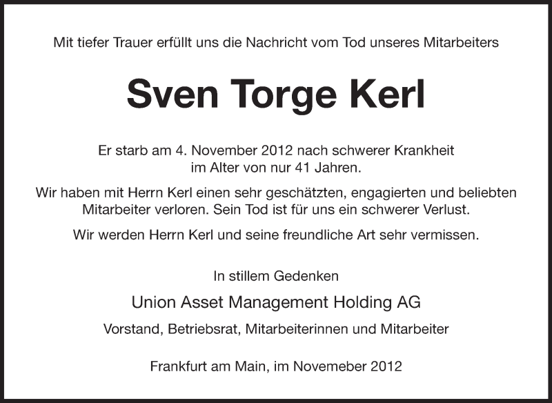  Traueranzeige für Sven Torge Kerl vom 16.11.2012 aus Starkenburger Echo, Bergsträßer Anzeiger