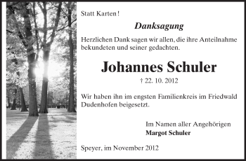 Traueranzeige von Johannes Schuler von Rüsselsheimer Echo, Groß-Gerauer-Echo, Ried Echo
