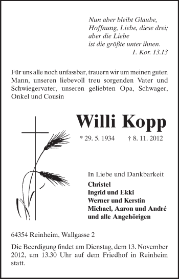 Traueranzeige von Willi Kopp von Darmstädter Echo, Odenwälder Echo, Rüsselsheimer Echo, Groß-Gerauer-Echo, Ried Echo