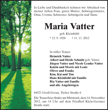 Traueranzeige von Maria Vatter von Rüsselsheimer Echo, Groß-Gerauer-Echo, Ried Echo