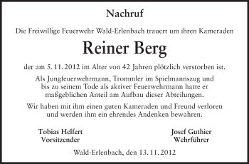 Traueranzeige von Reiner Berg von Starkenburger Echo