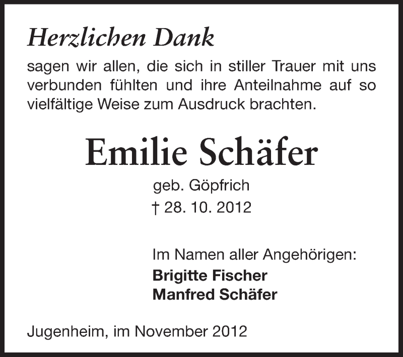  Traueranzeige für Emilie Schäfer vom 14.11.2012 aus Echo-Zeitungen (Gesamtausgabe)
