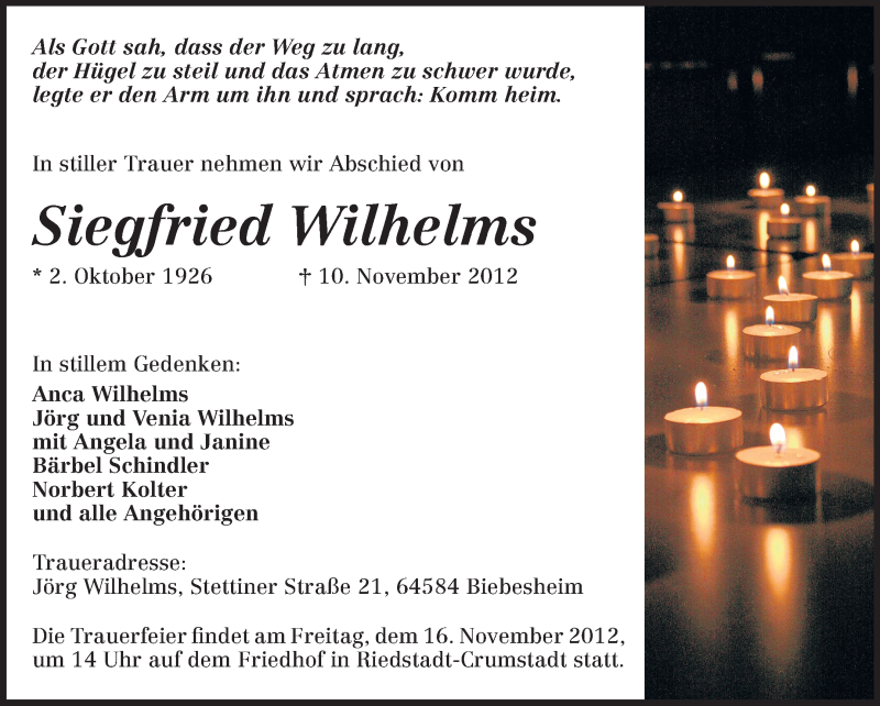  Traueranzeige für Siegfried Wilhelms vom 14.11.2012 aus Darmstädter Echo