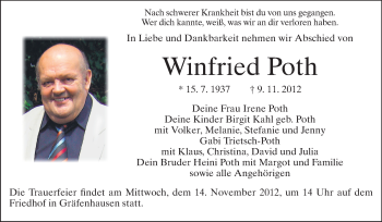 Traueranzeige von Winfried Poth von Echo-Zeitungen (Gesamtausgabe)