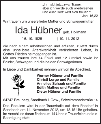 Traueranzeige von Ida Hübner von Odenwälder Echo