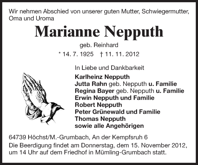  Traueranzeige für Marianne Nepputh vom 13.11.2012 aus Odenwälder Echo
