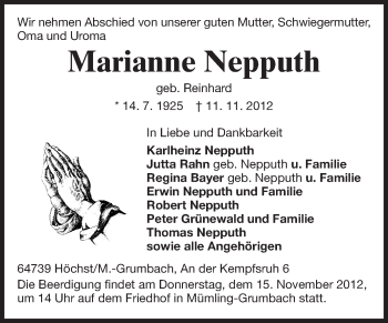 Traueranzeige von Marianne Nepputh von Odenwälder Echo