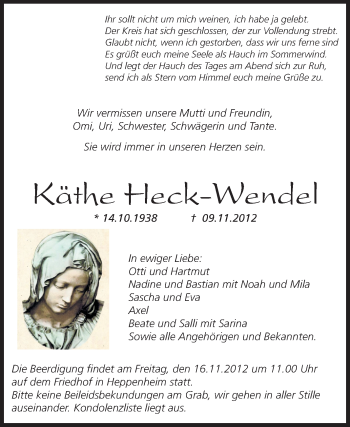 Traueranzeige von Käthe Heck-Wendel von Starkenburger Echo